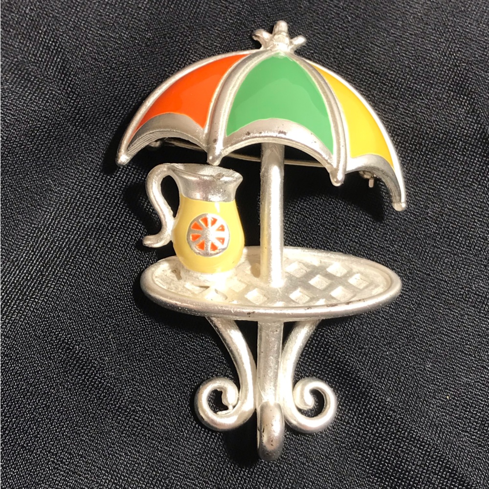 Vintage Umbrella Silvertone & Multiple Color Enamel Brooch Pin